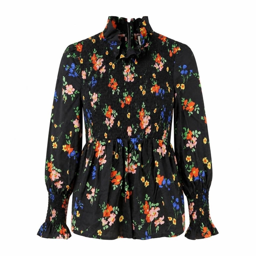 Tuckernuck Blouse Womens M Black Floral Smocked Garden Cottagecore Prairie L/S